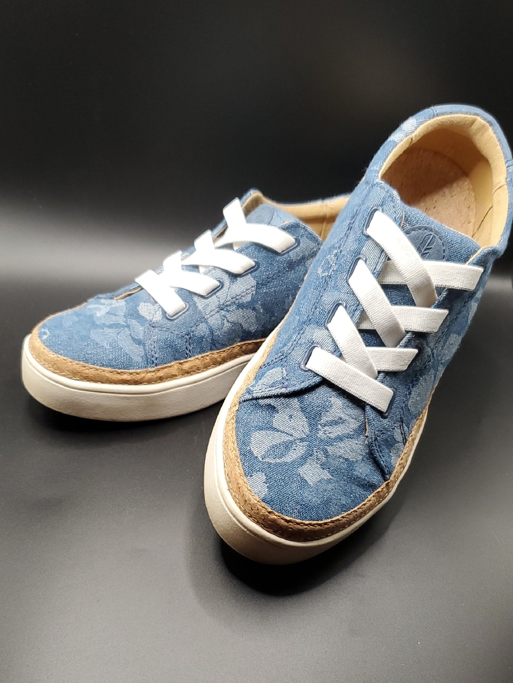 Revitalign Blue Floral Denim Slip-On Sneakers with White Laces